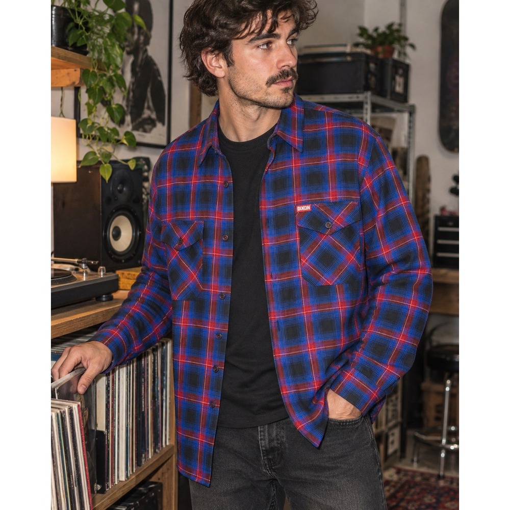Dixxon Hometown Plaid Flannel Shirt Blue Red Black Double Pocket Long Sleeve L